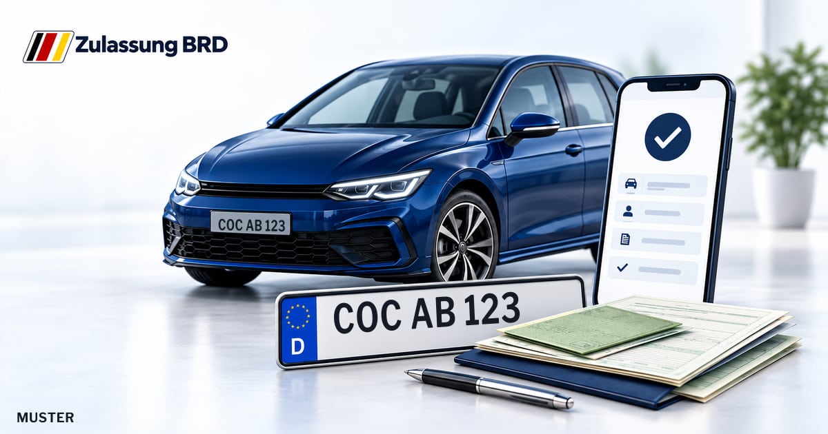 Online Fahrzeugzulassung in Landkreis Cochem-Zell: Musterkennzeichen COC AB 123, Auto und Fahrzeugpapiere und Smartphone. Illustration mit Logo von Zulassung BRD.